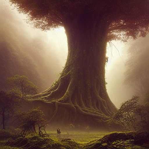 Surreal Life Tree in Overgrown Fantasy Forest