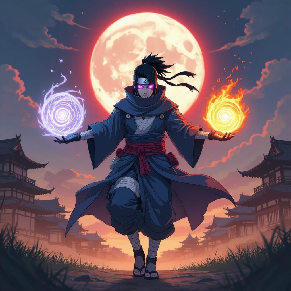 Ninja Descends from Crimson Sky with Chakra Orbs