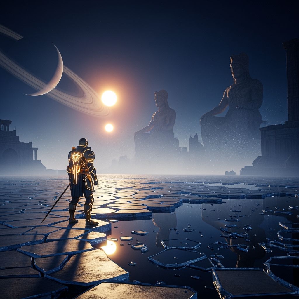 Knight in Glowing Armor on Crystalline Desert Planet