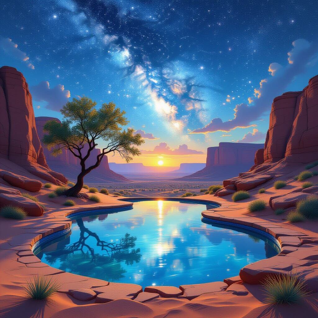 Cosmic Desert Oasis at Twilight: Matte Painting