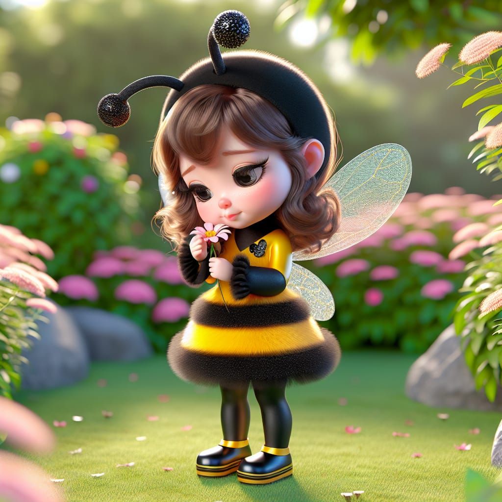 Disney Pixar style 3D adorable little girl, in a bee costume, yellow and black, with black antennae , black tights and b...