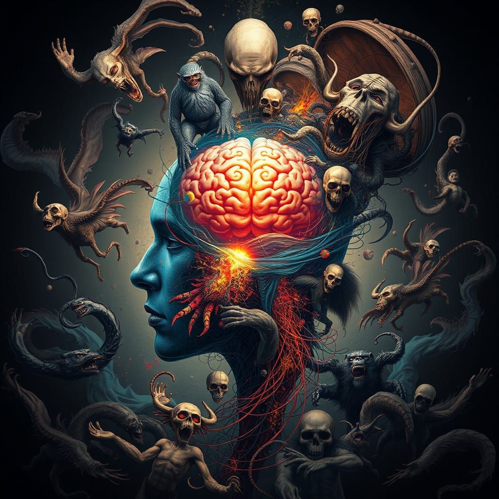 Surreal Human Head in a Swirling Vortex of Primates and Myth...