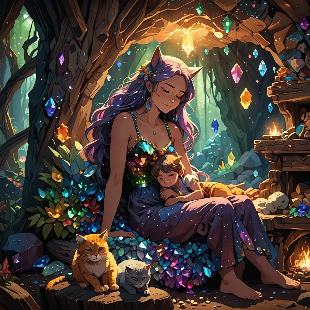 Crystal Cave Catgirl Family in 3D Anime Art