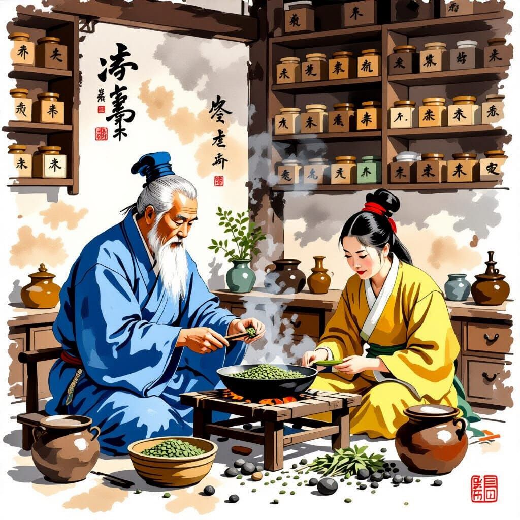 Chinese Apothecary Scene in Ink Wash Style