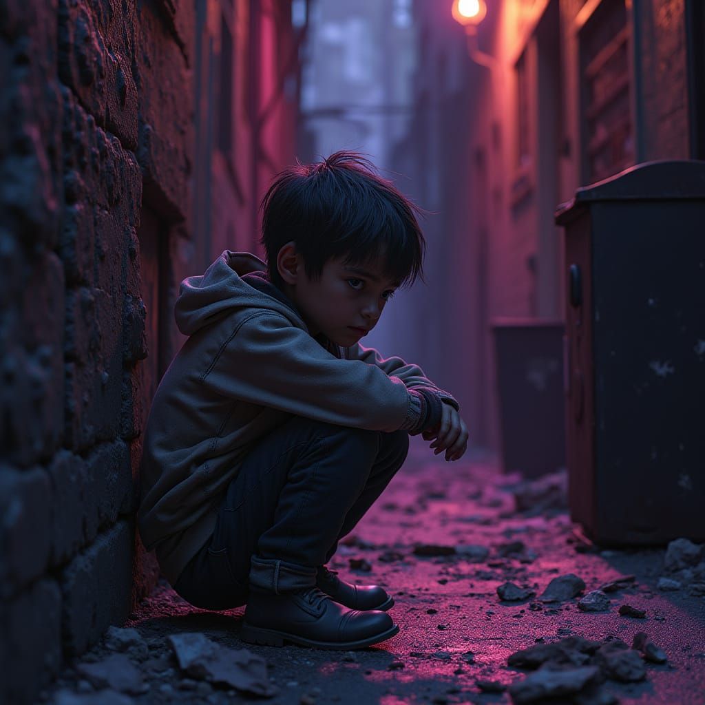 A Young Boy's Fears in a Dark Alley at Night