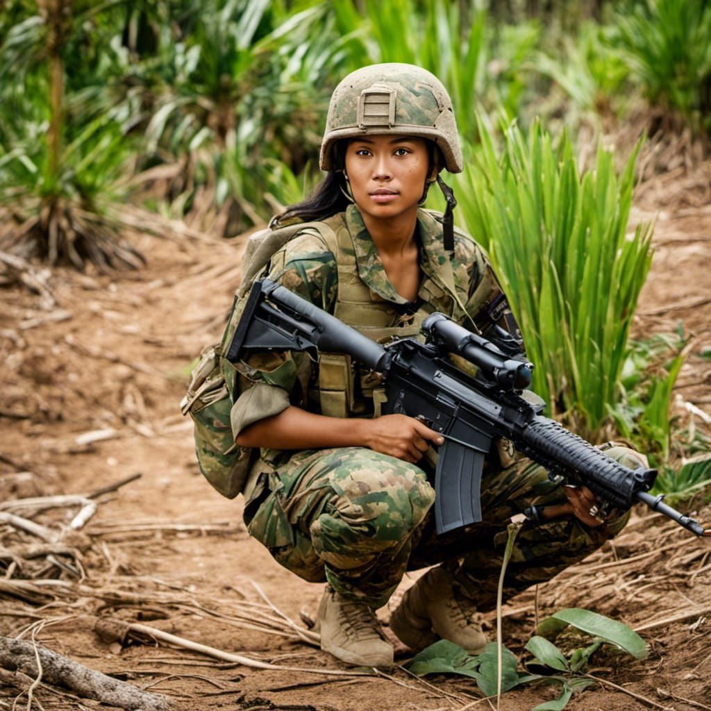 Realistic Portrait of Indonesian Soldier in Camouflage Fatig...