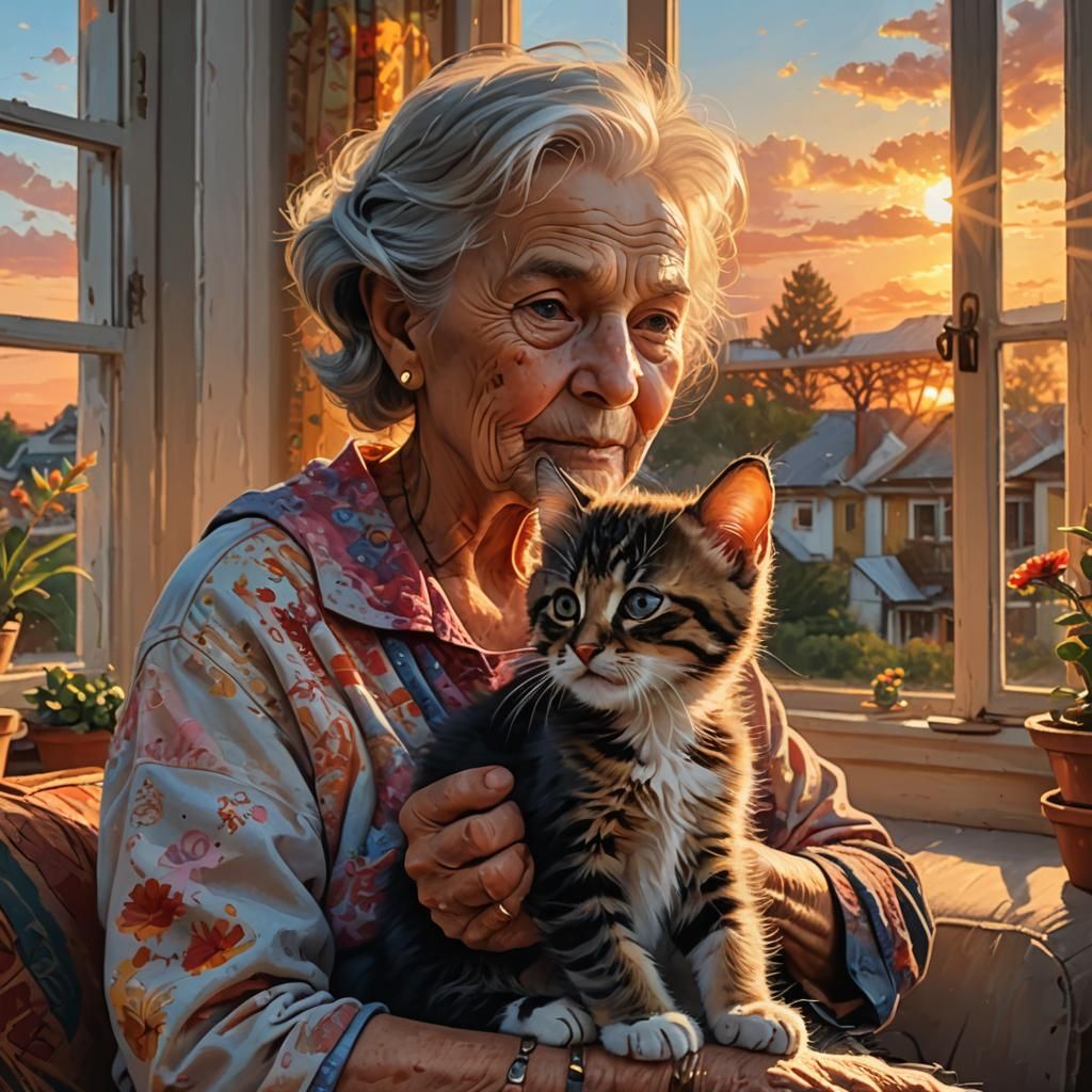 Adorable Kitten and Old Lady Enjoying Sunset