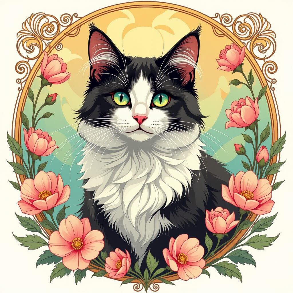 Cat Amongst Flowers in Art Nouveau Style