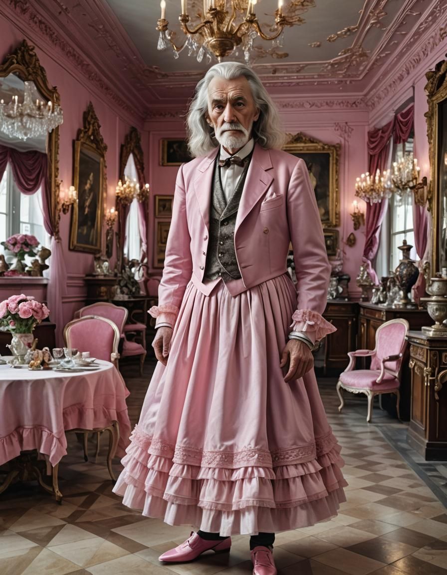 Elderly Man in Pink Dress in Ornate Parlor