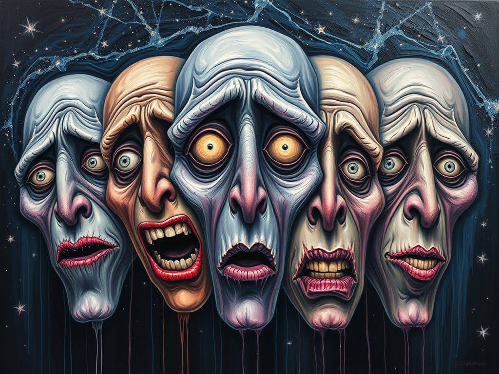 Surreal Faces Expressing Extreme Emotions as Fluid Oil Paint...