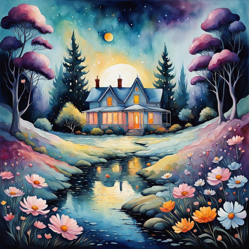 Surreal Watercolor Masterpiece: Shimmering Farmhouse in Cosm...