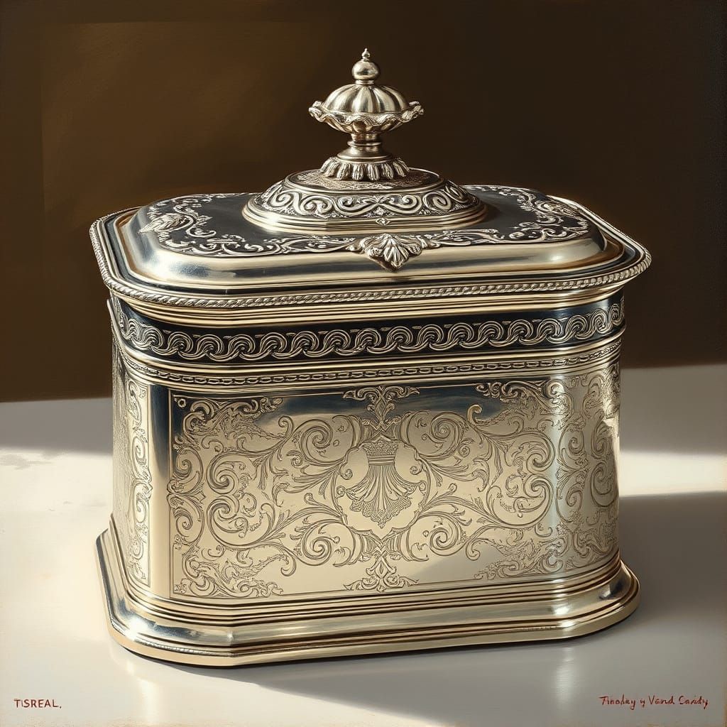 Ornate Silver Tea Caddy: Photorealistic Still Life