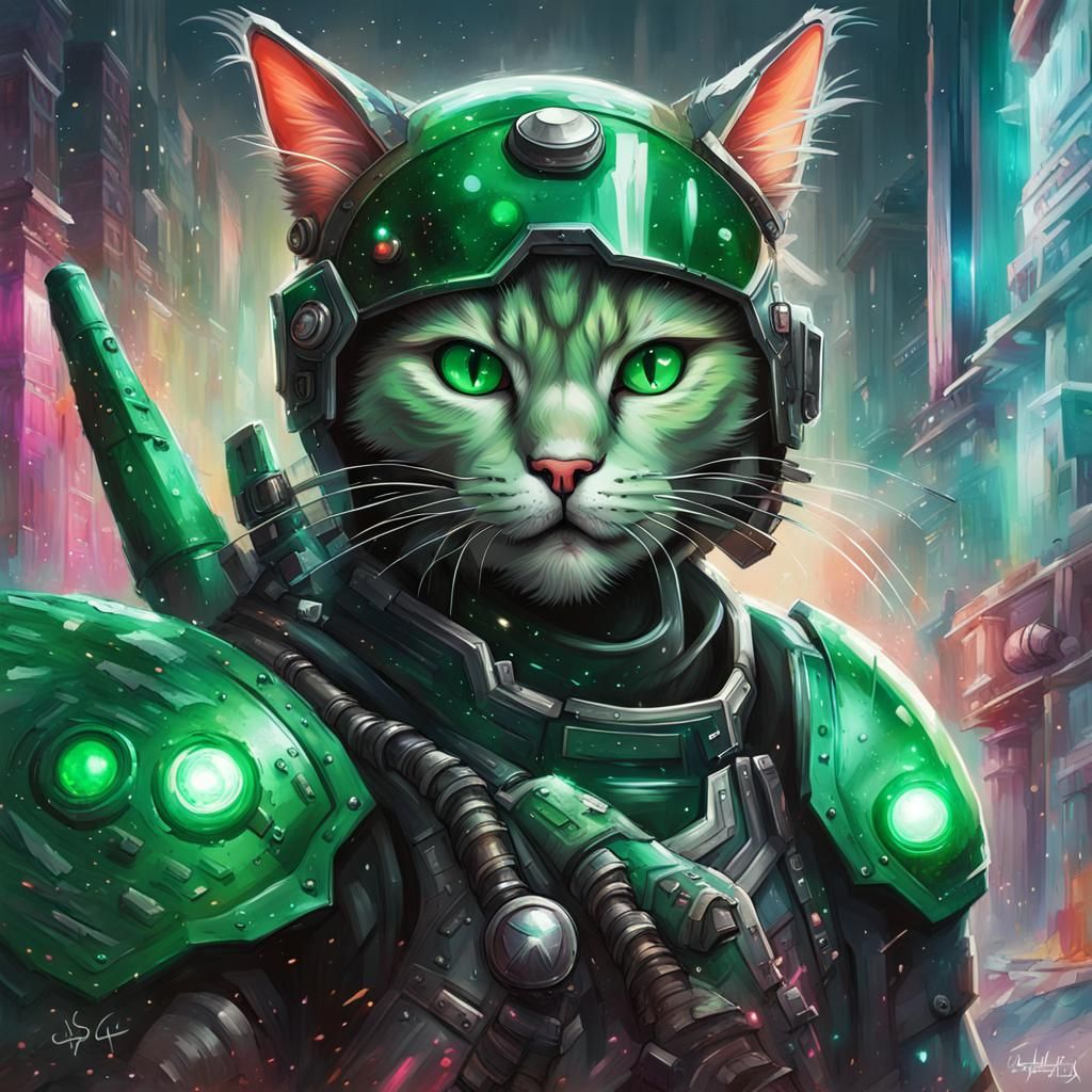 Cyberpunk Cat Ready for Space Battle in Graffiti Style