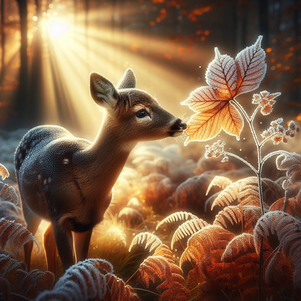 Doe Sniffs Frosted Leaf in Autumn Sunlight