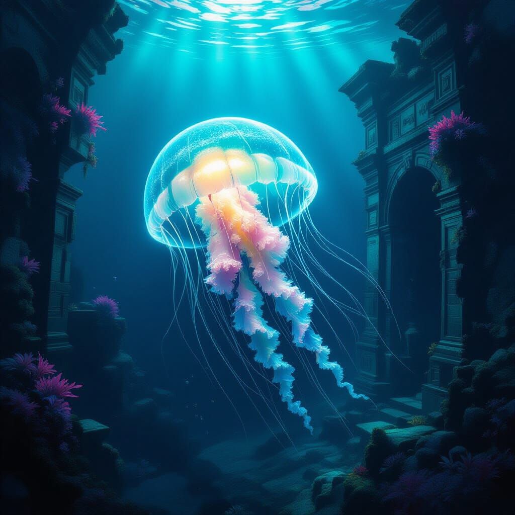 Bioluminescent Jellyfish Illuminates Sunken Ruins
