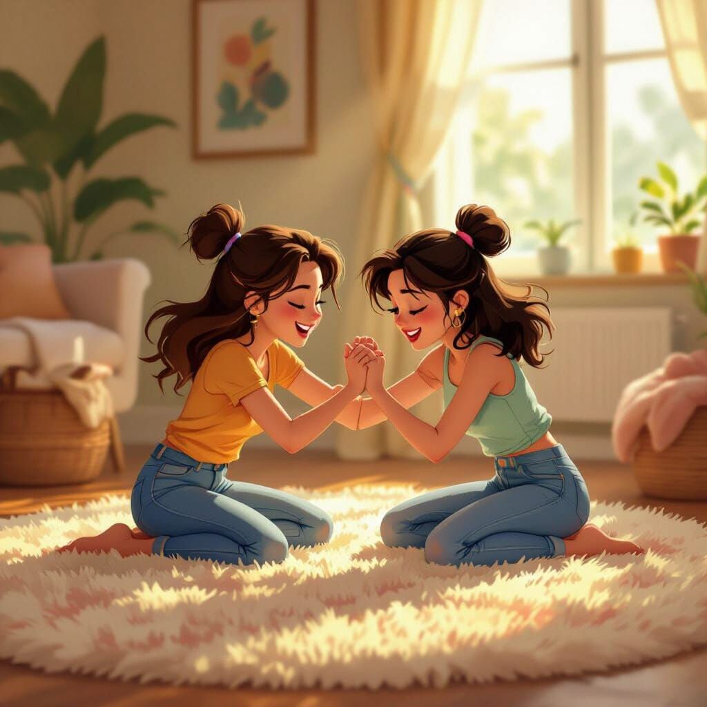 Playful Women Wrestling in Sunlit Room
