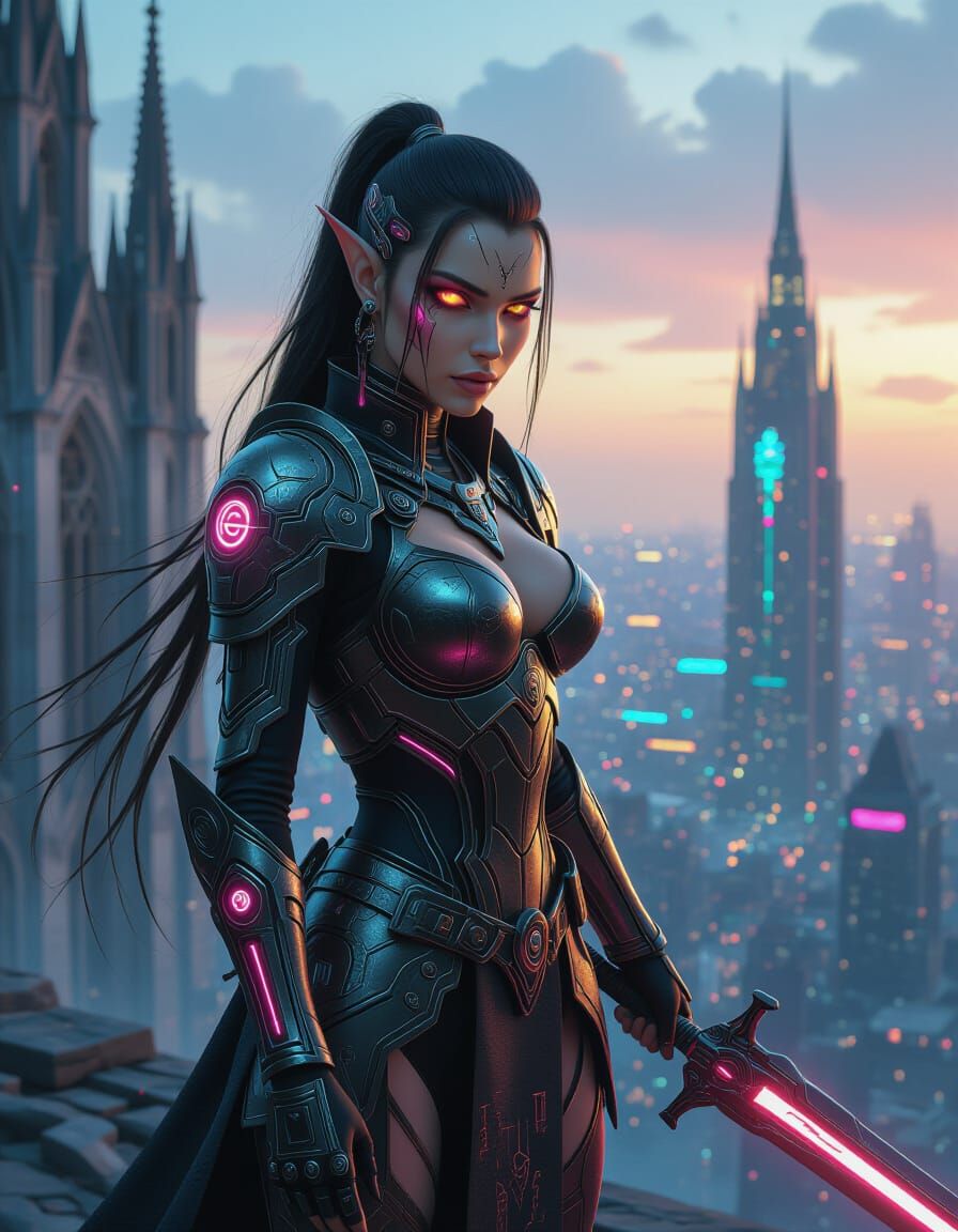 Biomechanical Elf Warrior in Cyberpunk City