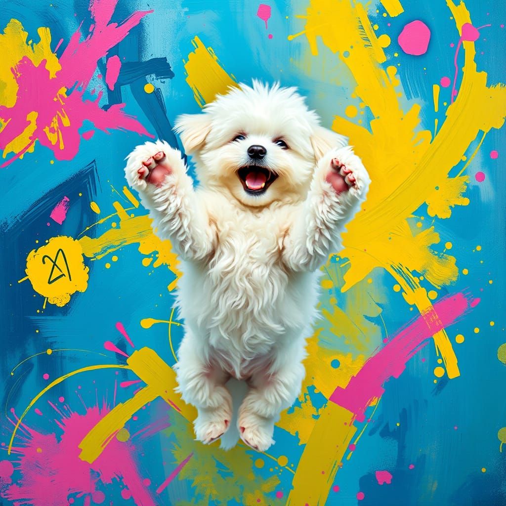 Vibrant Whimsy: Joyful Bichon Frise in Exuberant Abstract St...