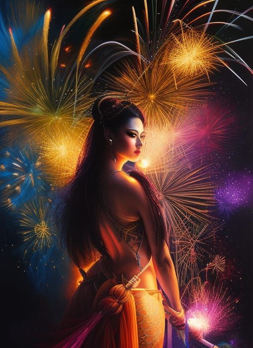 Enchantress Celebration with Fireworks in Splash Art Style