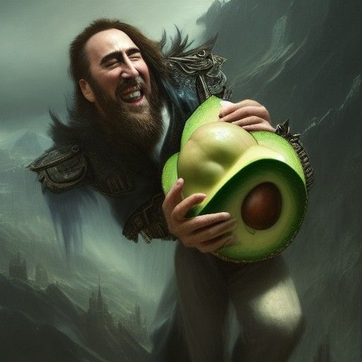 Nicholas Cage Rides Avocado: Dark Fantasy Concept Art