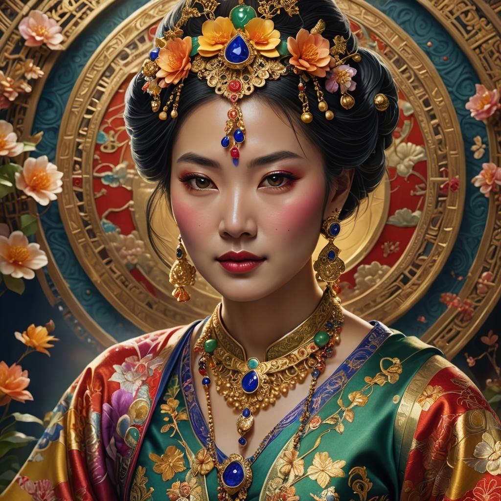 Asian Woman Portrait with Traditional Clothing in Fantasy Ar...