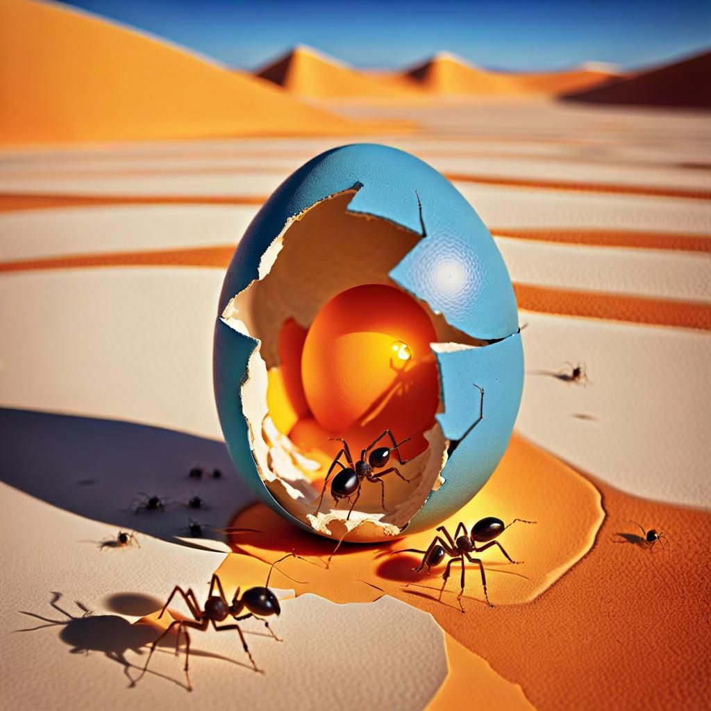 Surreal Cubist Egg Breaking in Desert Sunlight