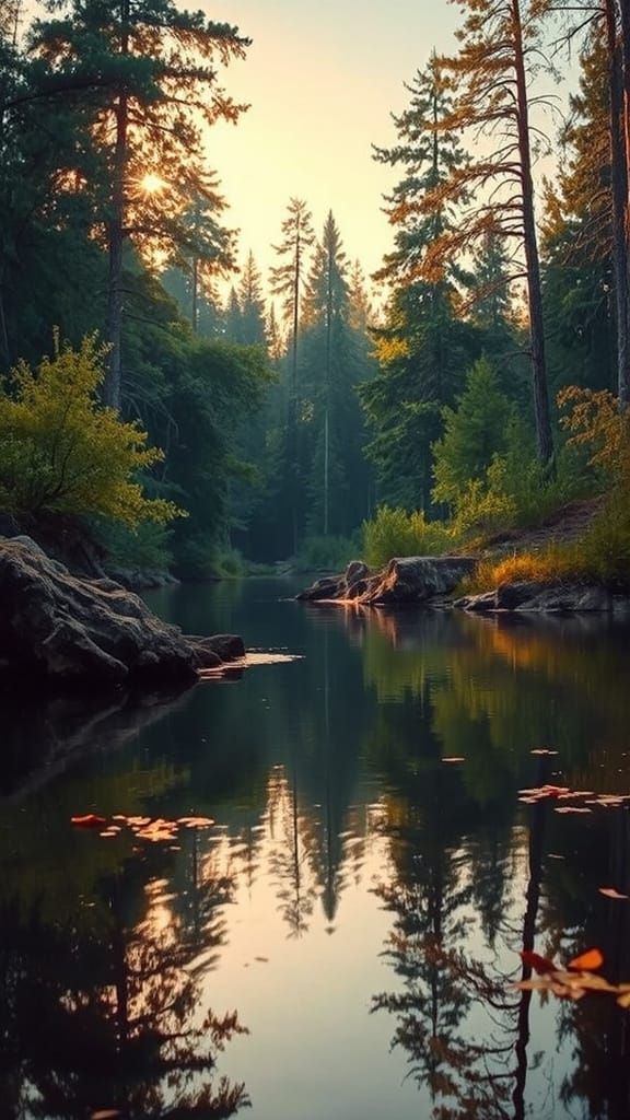 Tranquil Forest Clearing with Reflective Water