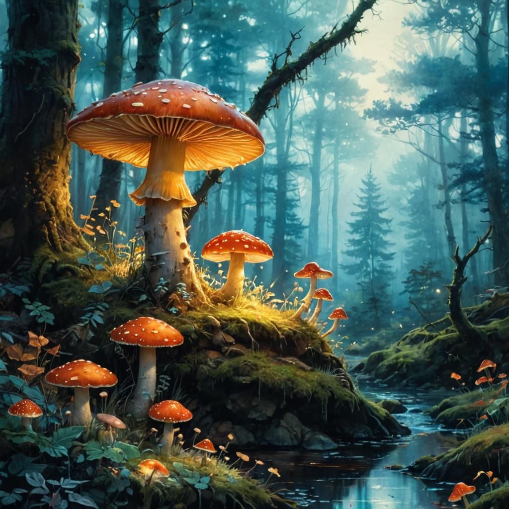 Enchanted Forest with Glowing Mushrooms: Folk Fantasy Illust...
