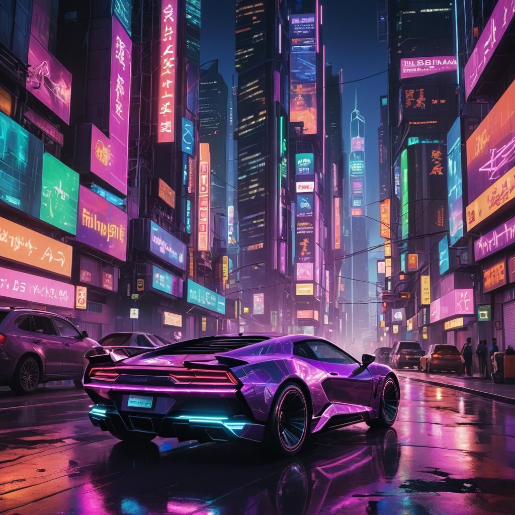 Sleek Car Speeds Through Neon Cyberpunk City