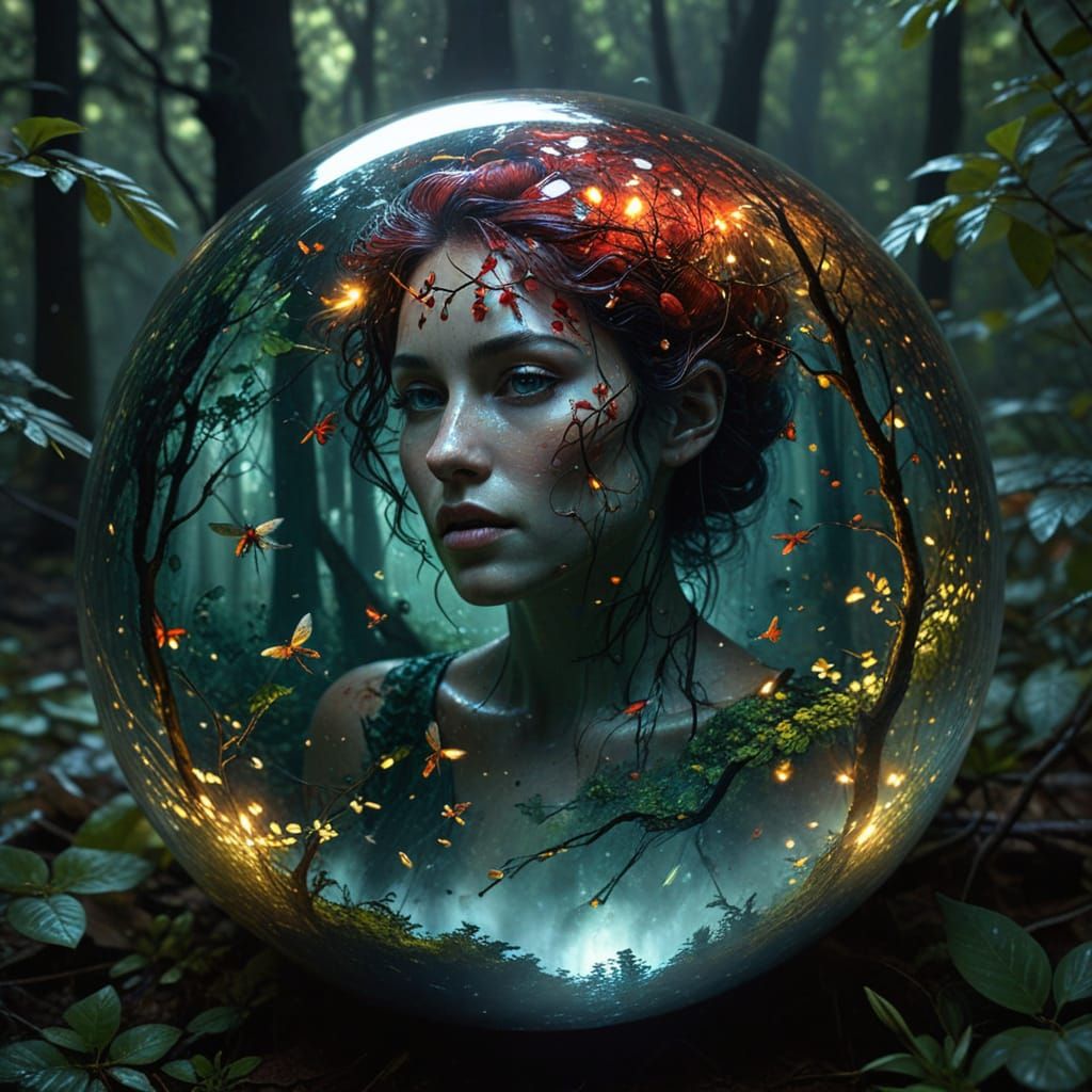 Vibrant Red Figure Walks Through a Twisted, Dappled Forest