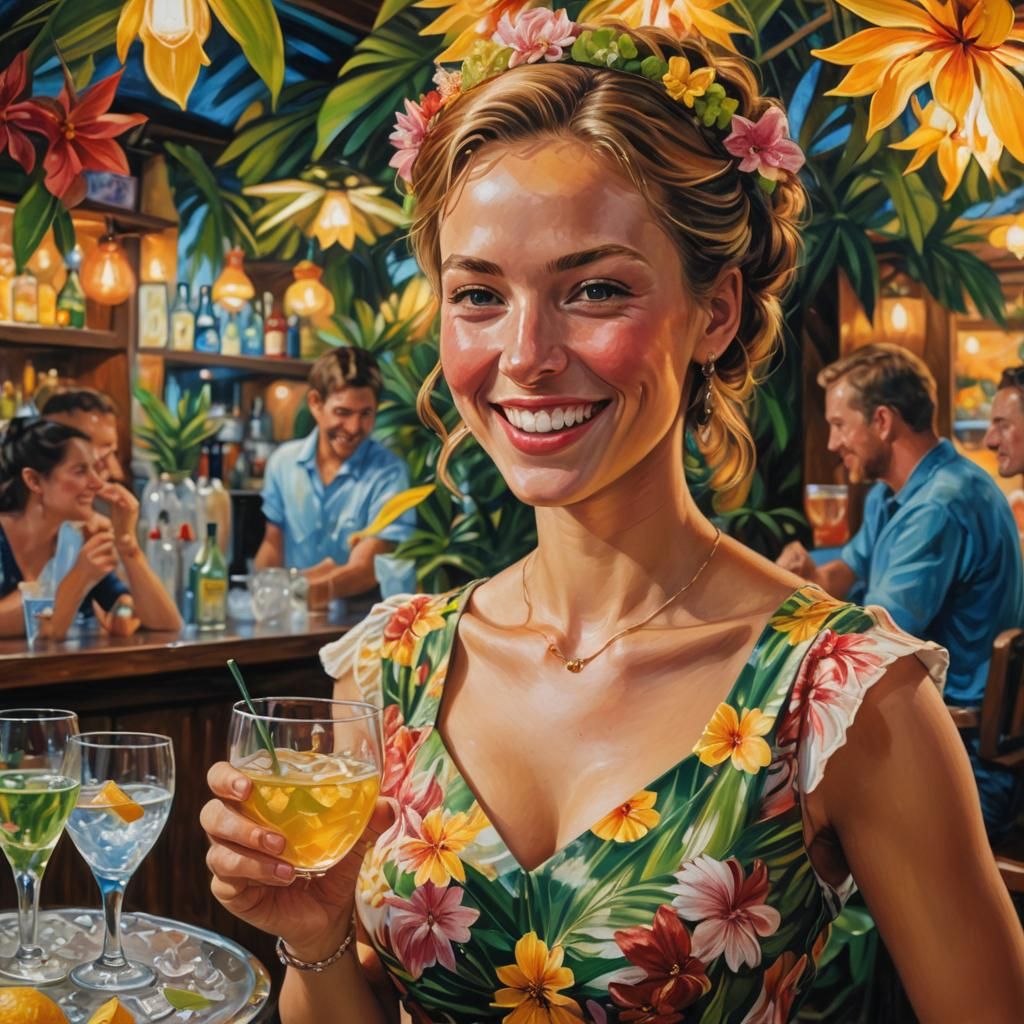 Beach Bar Waitress Serves Pina Colada: Fauvist Oil Painting