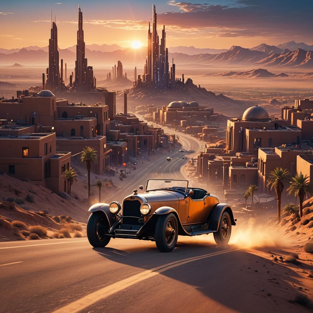 1920s Roadster in a Futuristic Desert Cityscape