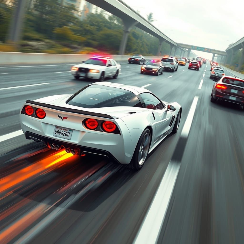 White Corvette Leads High-Speed Chase in Nagel Style