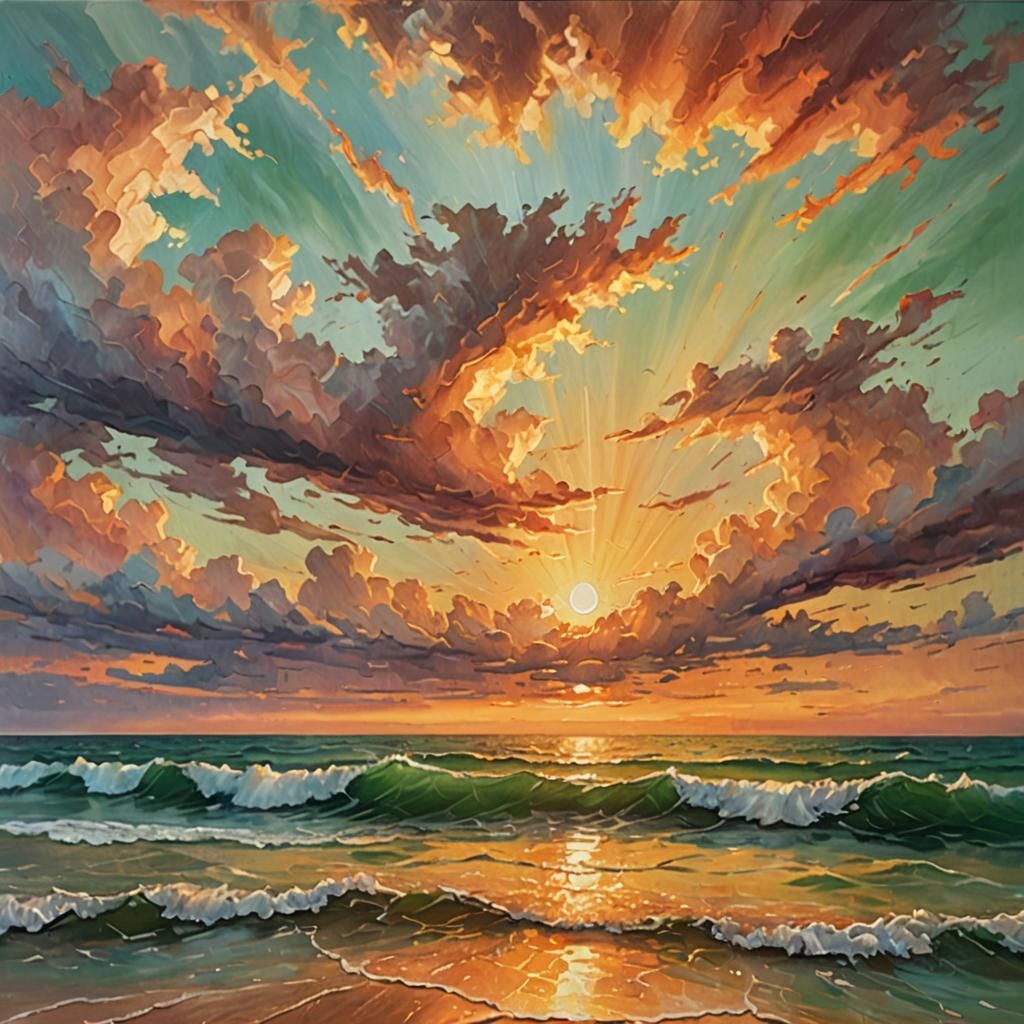 Vibrant Sunset Oil Painting with Sunlight Rays