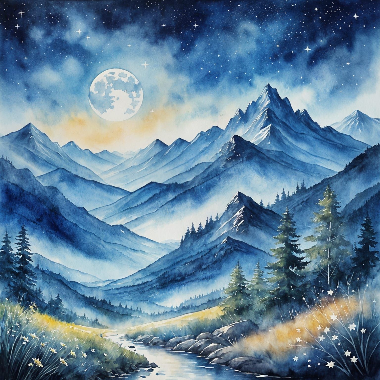 Watercolor Stars and Mountains Under Bright Moon