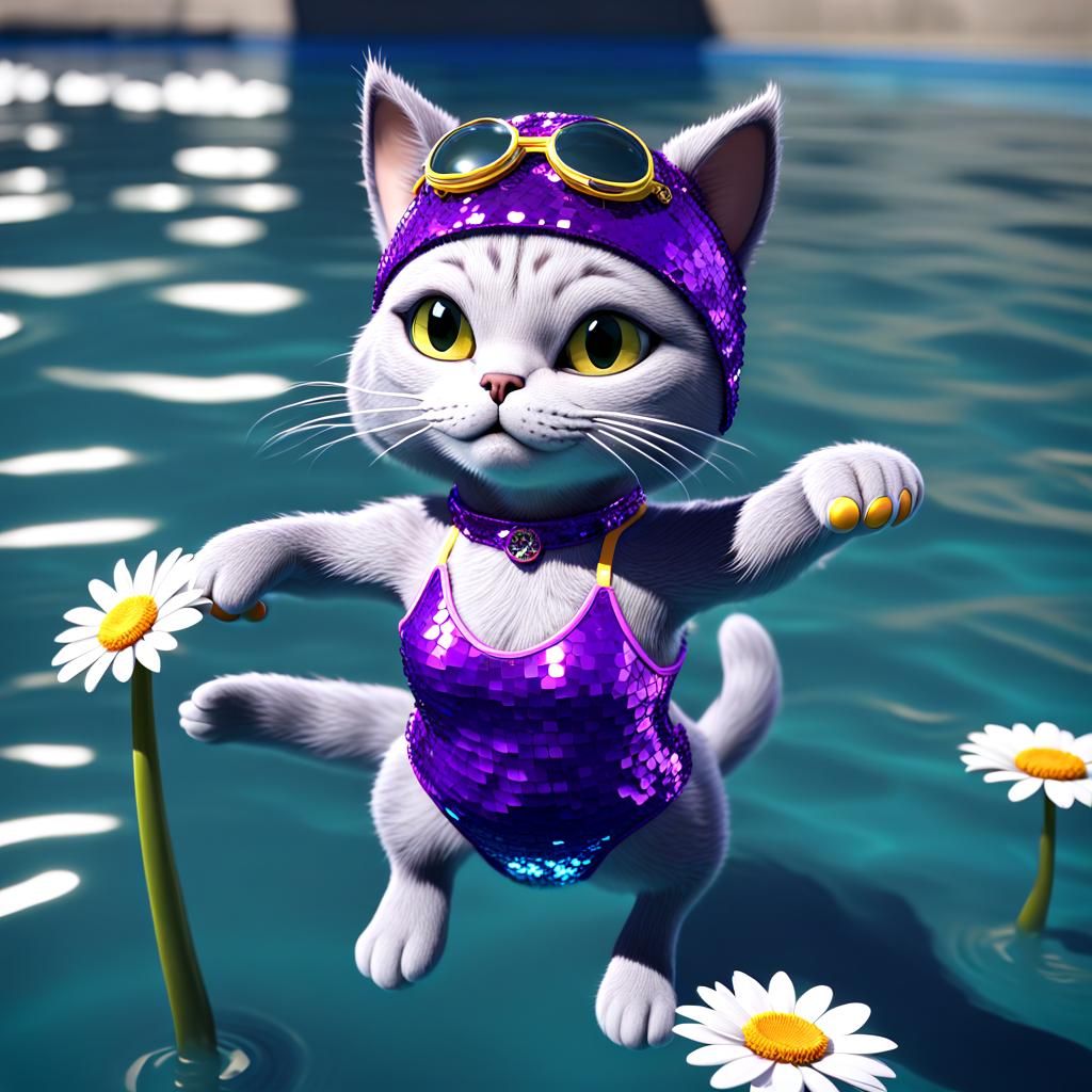 a furry gray cat, competing in synchronized swimming in the olympics, wearing a sequined one piece bright purple bathing...