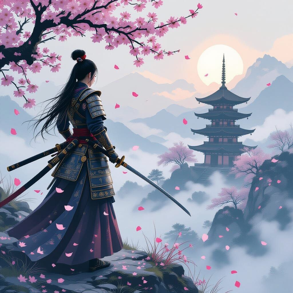 Lone Samurai on Misty Mountaintop in Fantasy Art Style