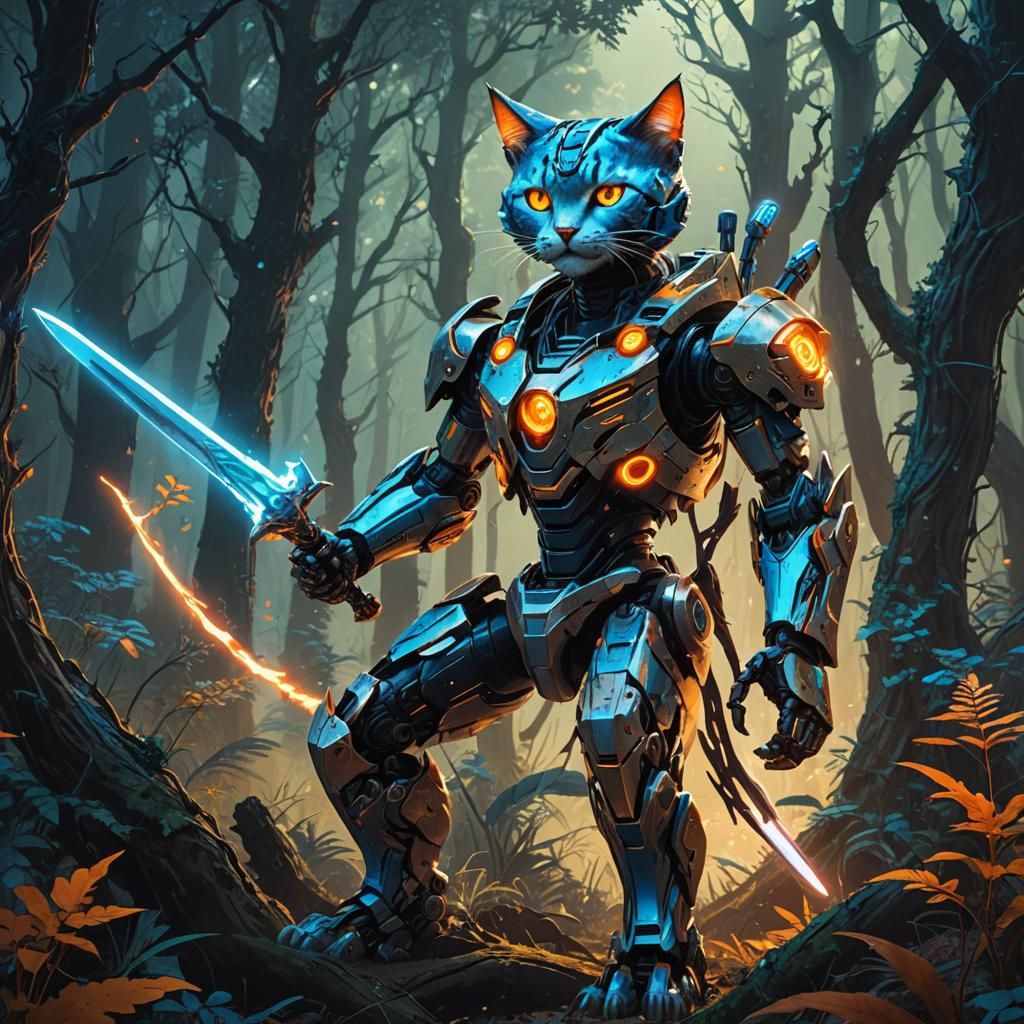 Robot Cat Wields Dual Swords in Neon Noir Forest