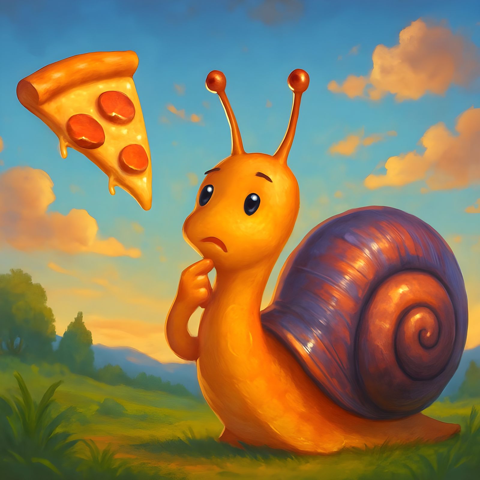 Curious Snail Contemplates Flying Pizza Slice