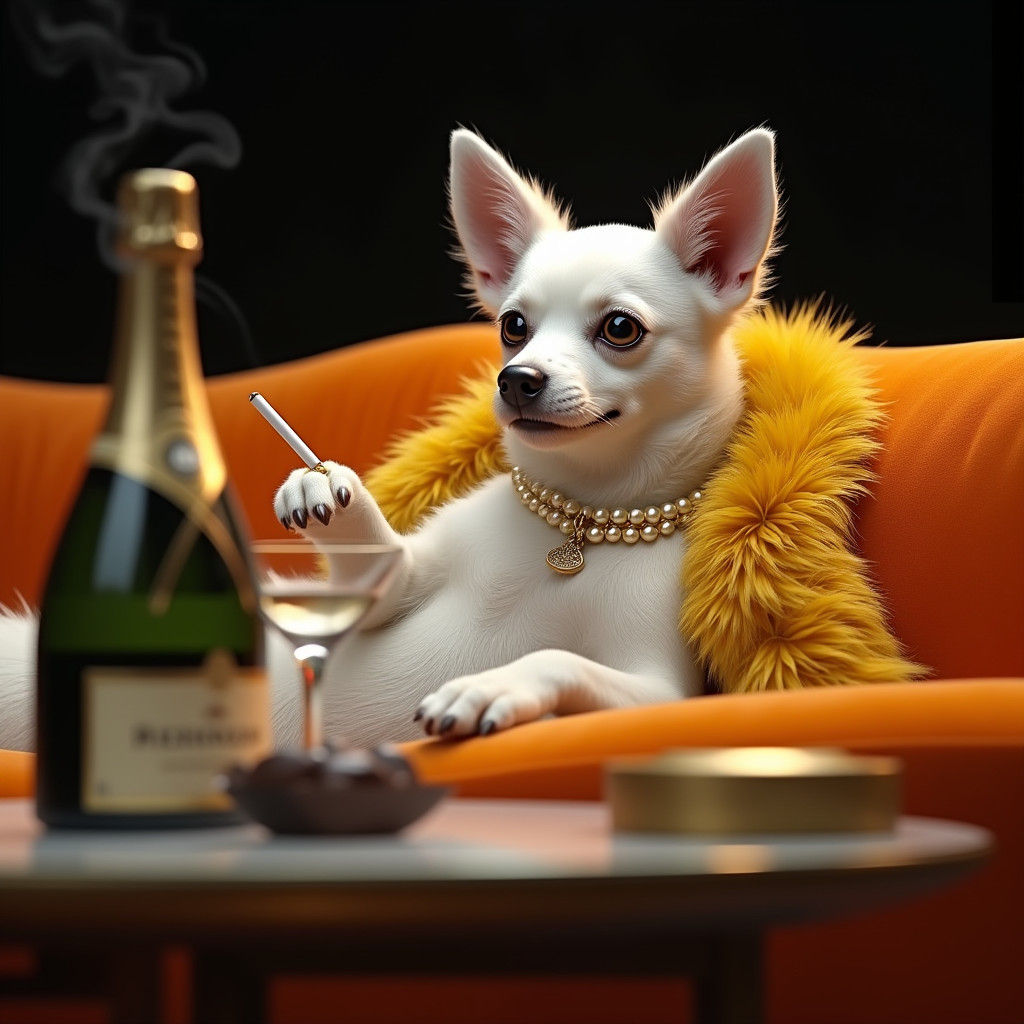 Elegant Dog Lounging with Martini, Hyperrealistic Art