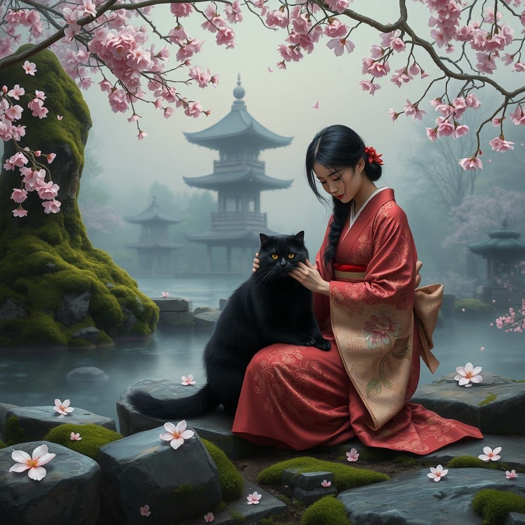 Japanese Garden at Dusk with Pagoda and Cherry Blossoms