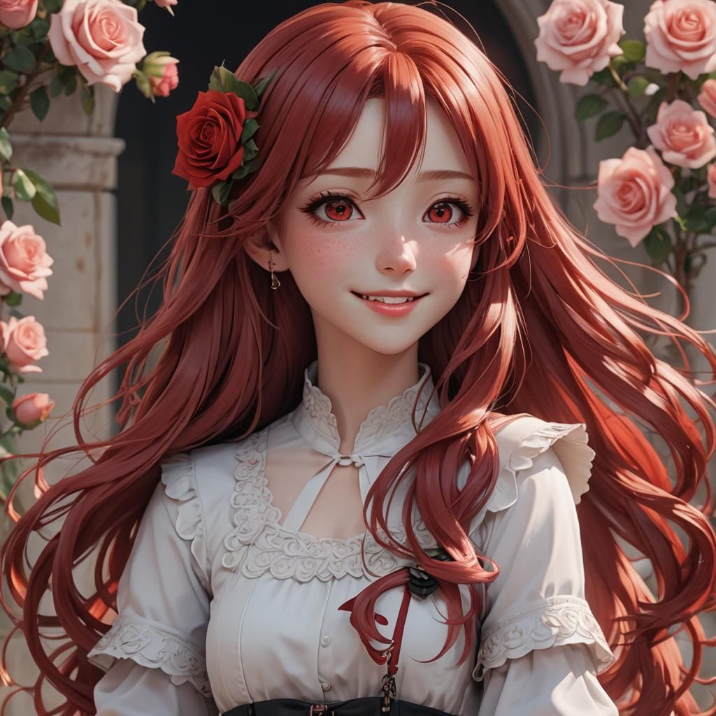 Anime Girl with Red Hair Smiling, Detailed 3D Art