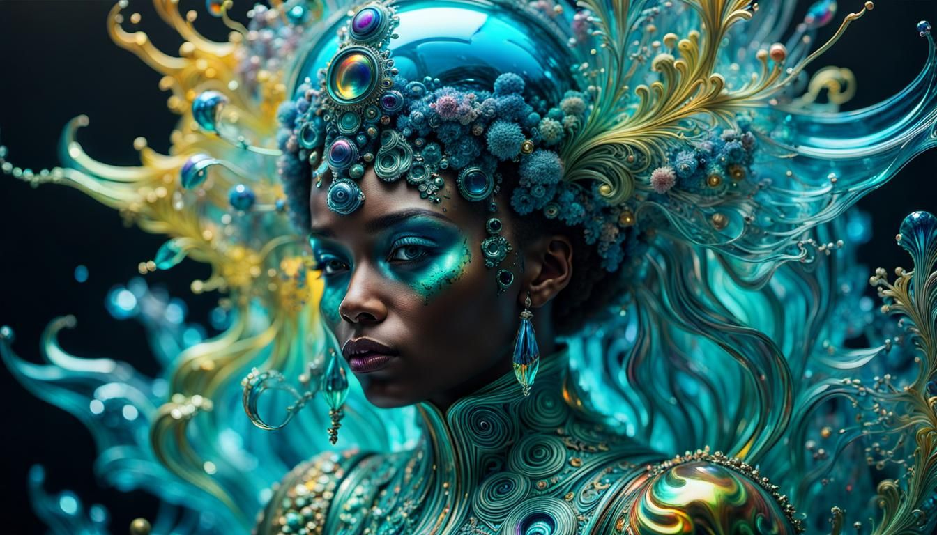 Afrofuturist Cybernetic Portrait in Baroque Iridescence