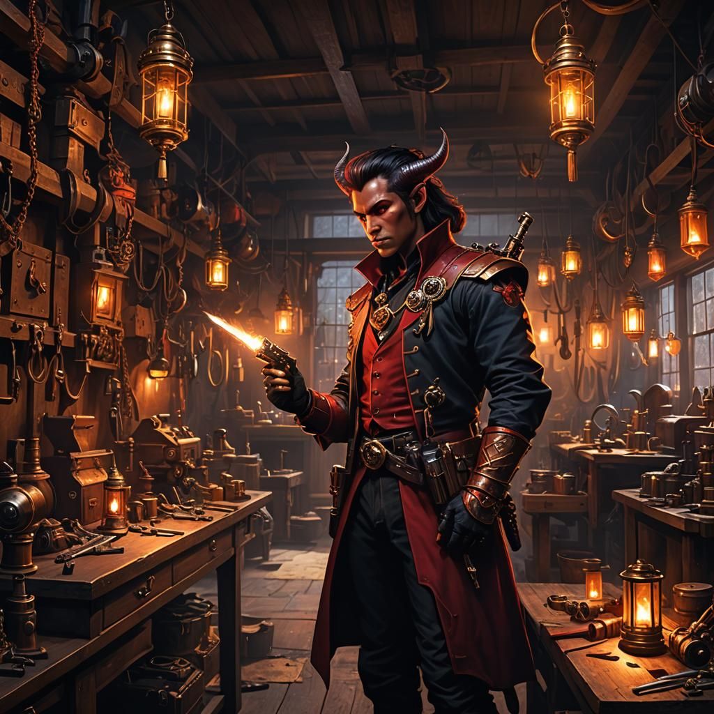 Dark Fantasy Artificer Tinkers in Dimly Lit Workshop