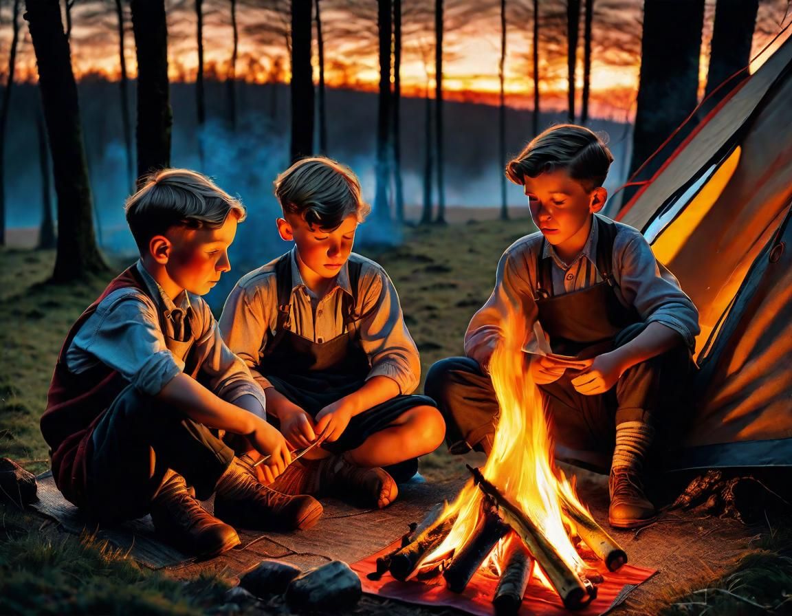 Boys Camping at Sunset: Photorealistic 1930s Style