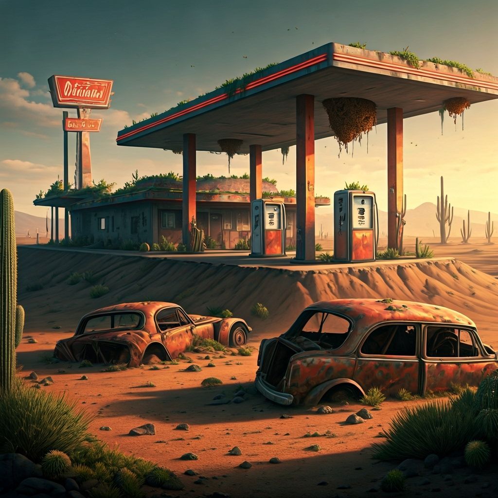 Post-Apocalyptic Desert Truck Stop with Giant Hornets