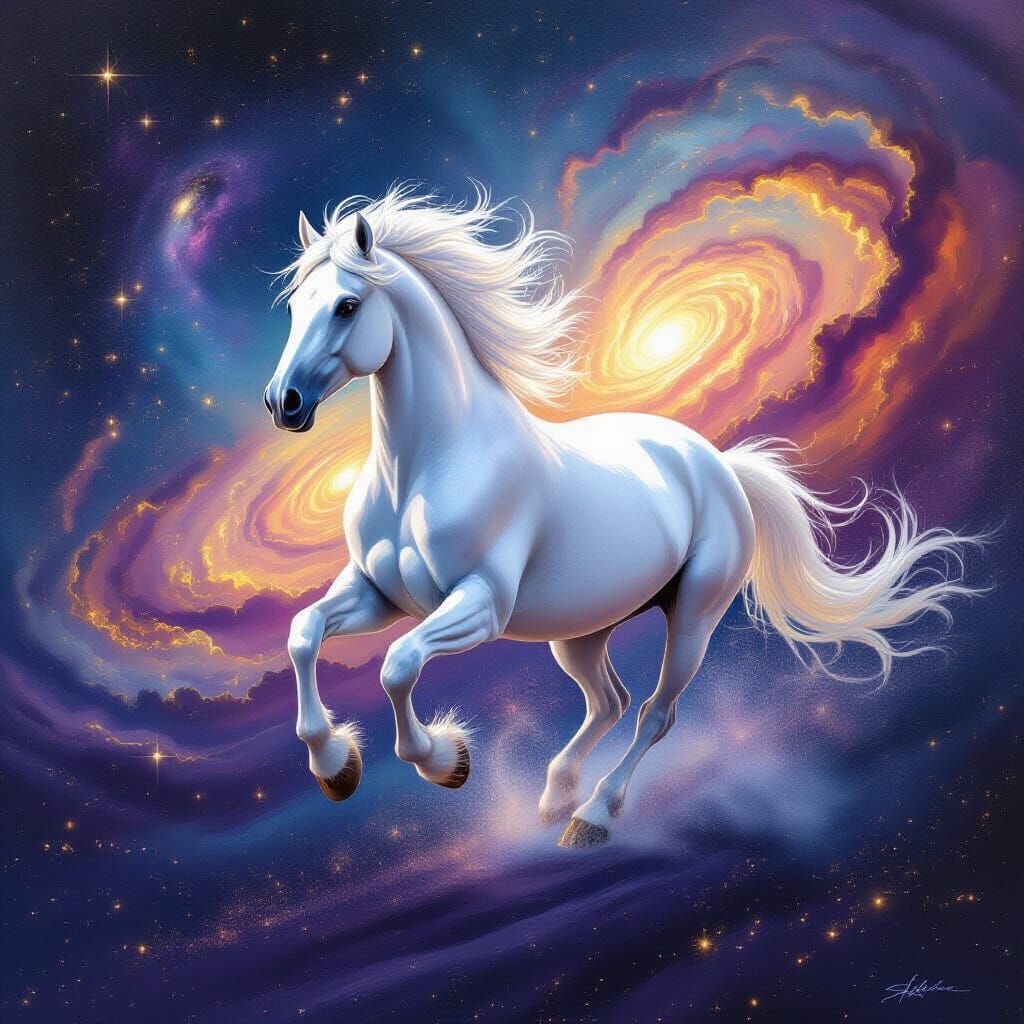 Majestic Stardust Horse Gallops Through Cosmic Nebula
