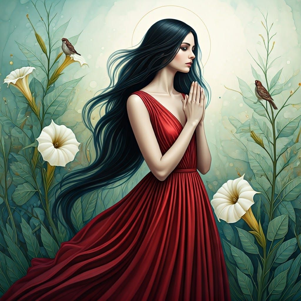 Woman in Red Dress in Datura Garden