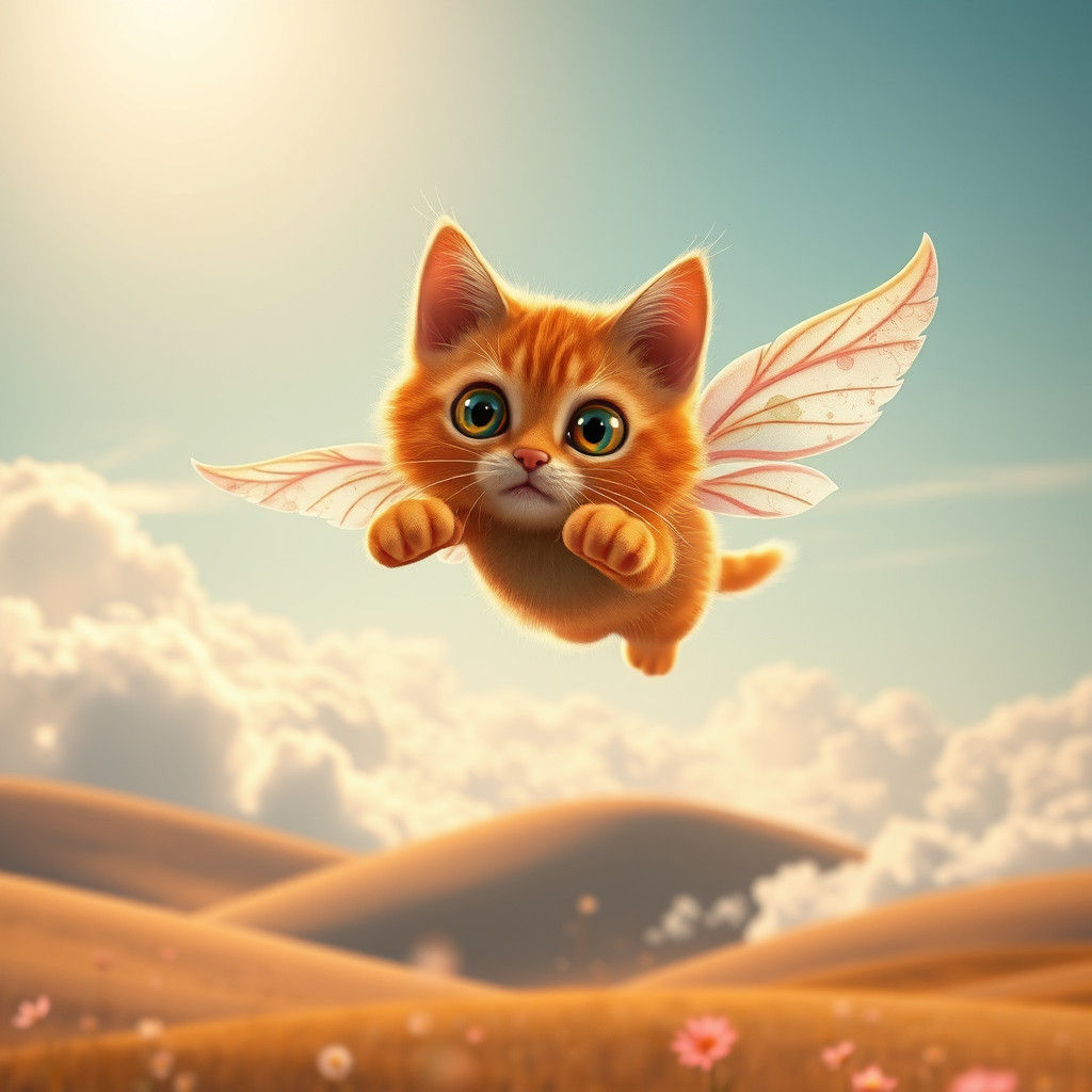 Whimsical Orange Cat Soaring Through Dreamy Sky
