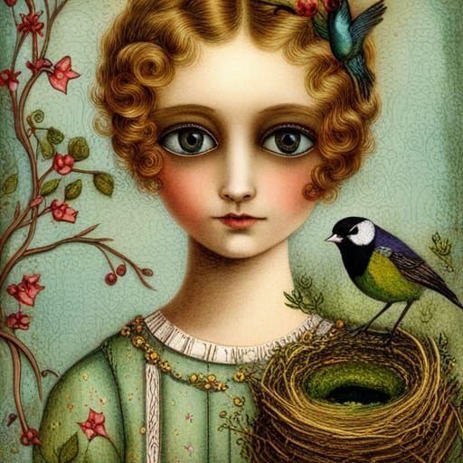 Gothic Moss Princess with Bird Nest Collage